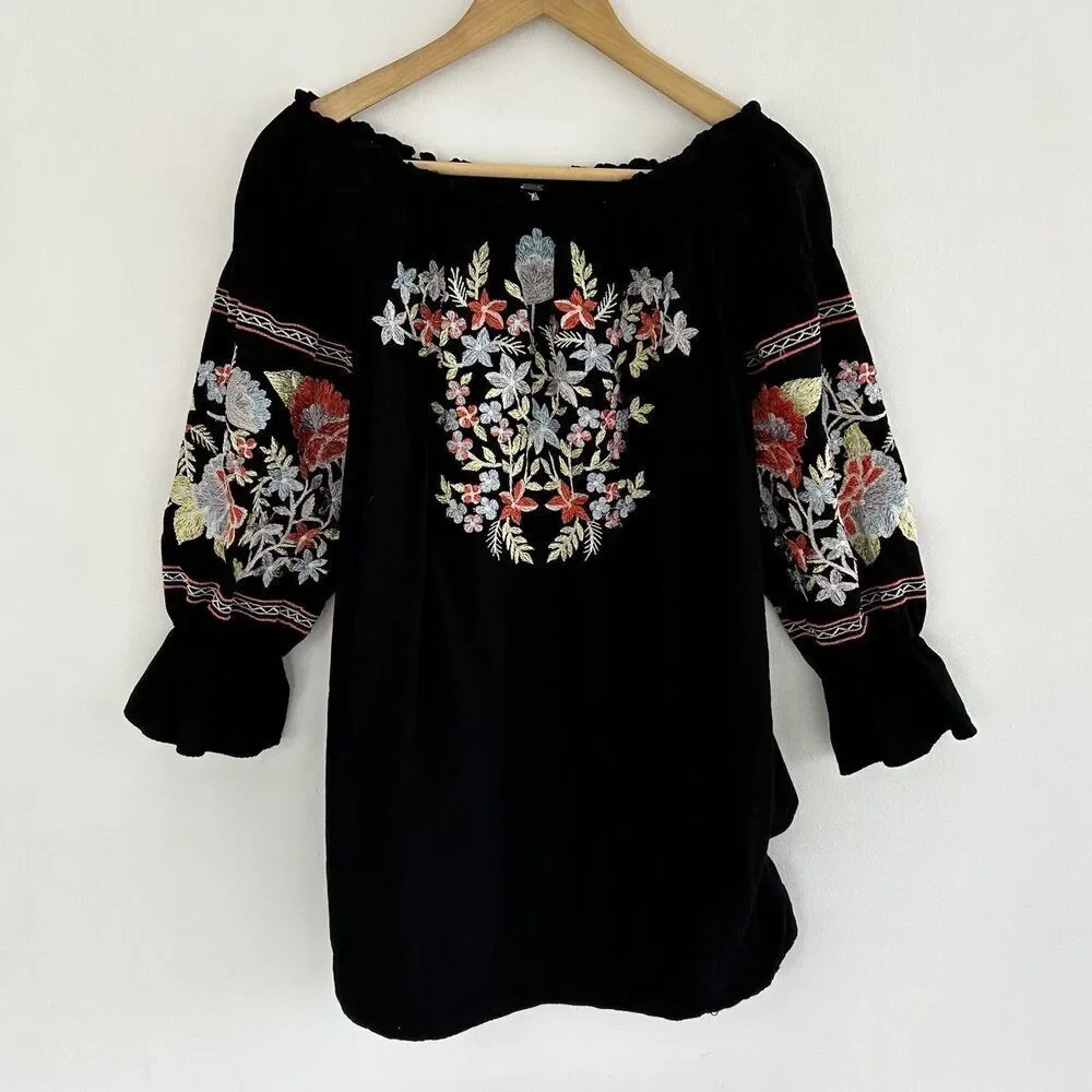 Free People Fleur Du Jour Mini Dress XS Black Floral Embroidered Off Shoulder